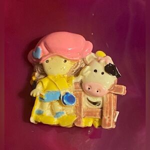 Vintage Enamel Girl & Cow Pin #7698